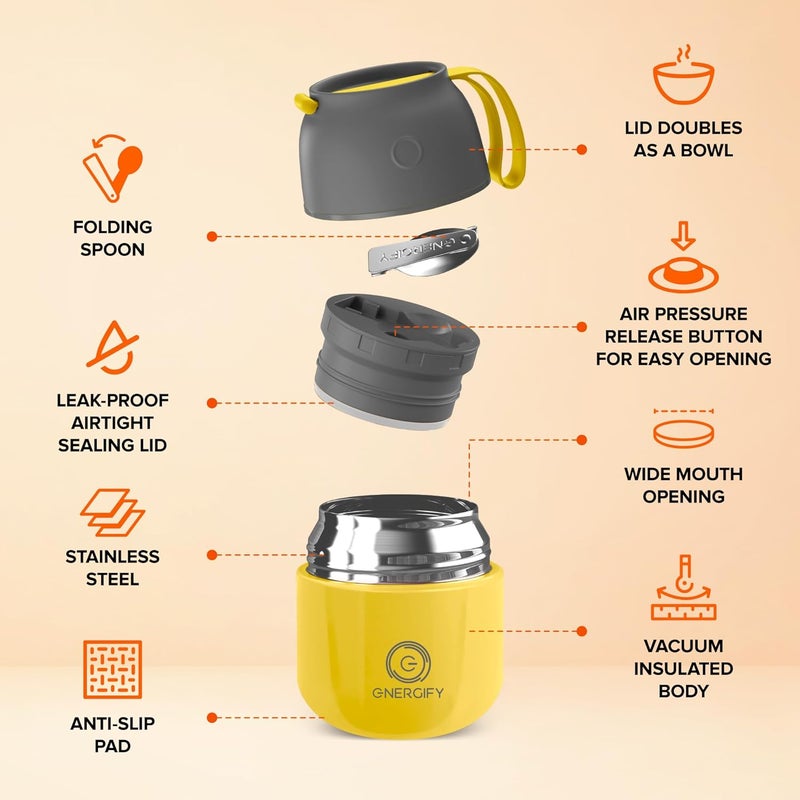 ENERGIFY Vacuum Insulated Food Jar. Large 12oz Bowl incl. Folding Spoon, Cup. Wide Mouth Keep Hot & Cold Drinks Soup Lunch Container for Adults. BPA-Free Stainless Steel, Leak Proof Yellow - Image 2